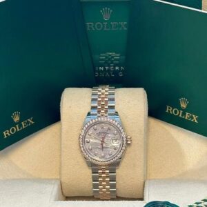 Rolex Lady-Datejust Unworn Two Tone Rose Gold Datejust 28mm Mother of Pearl (MOP) Diamond Dial Diamond Bezel Jubilee Bracelet 279381RBR