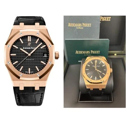 Audemars Piguet Royal Oak Selfwinding Date 41mm Rose Gold Black Dial Black Leather 15500OR