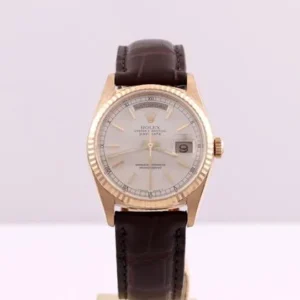 Rolex Day-Date 36 Silver Index Fluted Yellow Gold Leather 18238